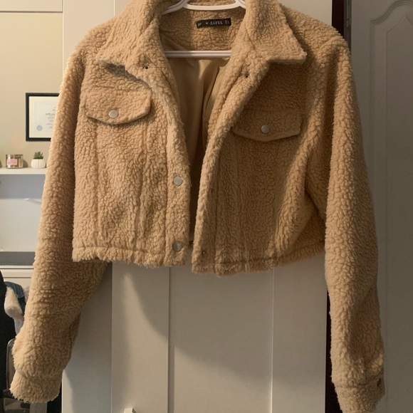 Teddy Cropped Fluffy Jacket- Nude - Picture 1 of 2